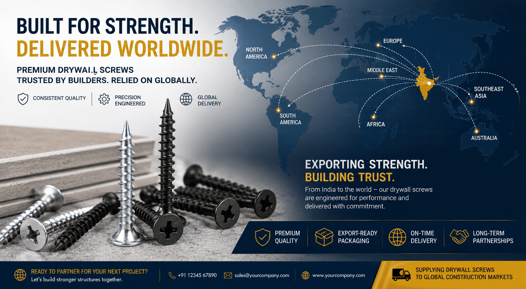 Closing banner with drywall screws and a world map motif representing export reach. | ALT: Drywall screw export services for global construction buyers