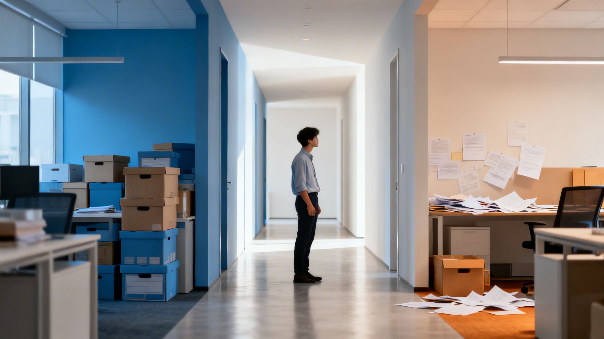 En man står i en korridor mellan två kontor; ett med flyttkartonger, ett med papper.