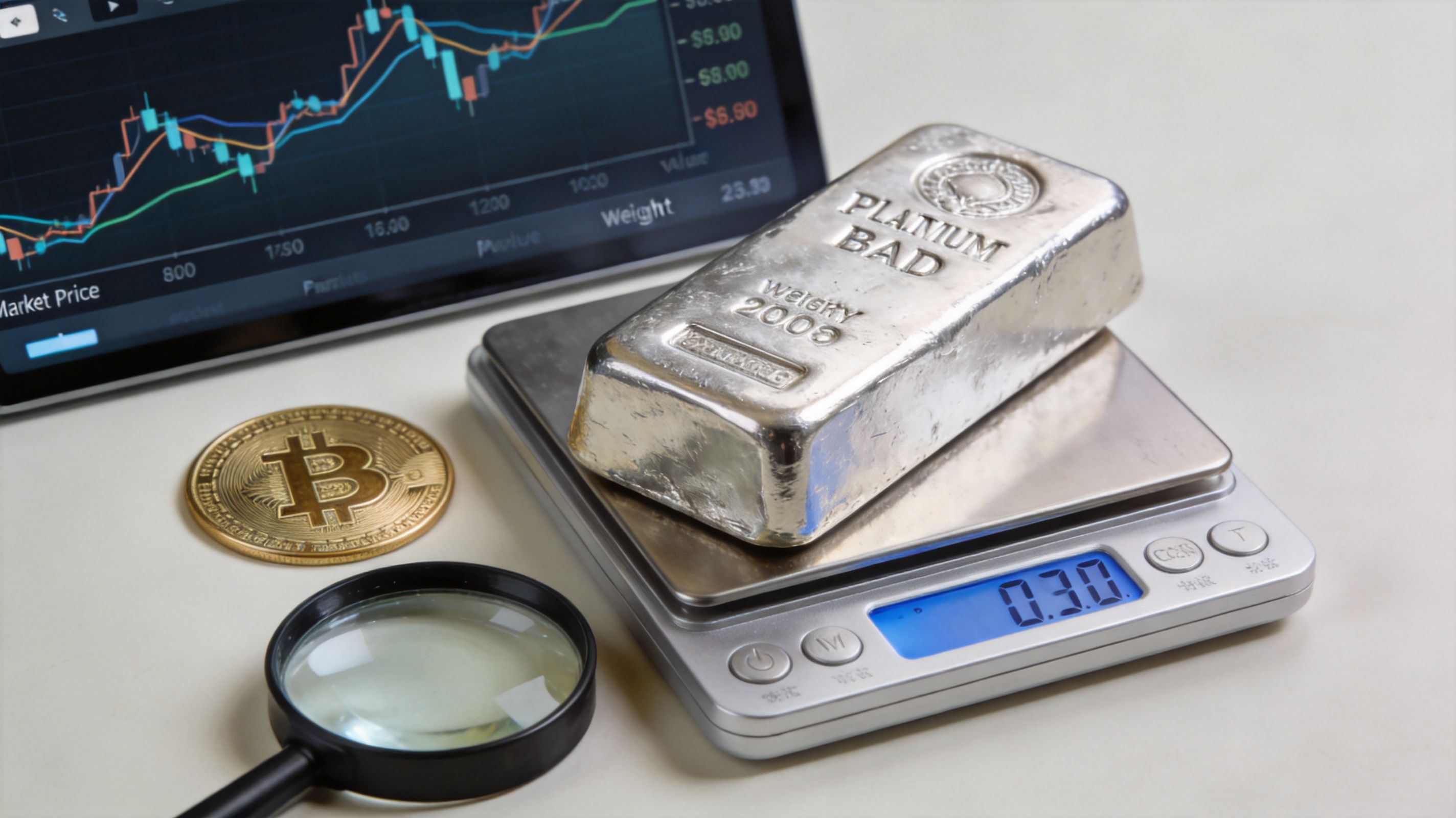 A silver bar labeled Planium Bad rests on a digital scale next to a bitcoin and magnifying glass.