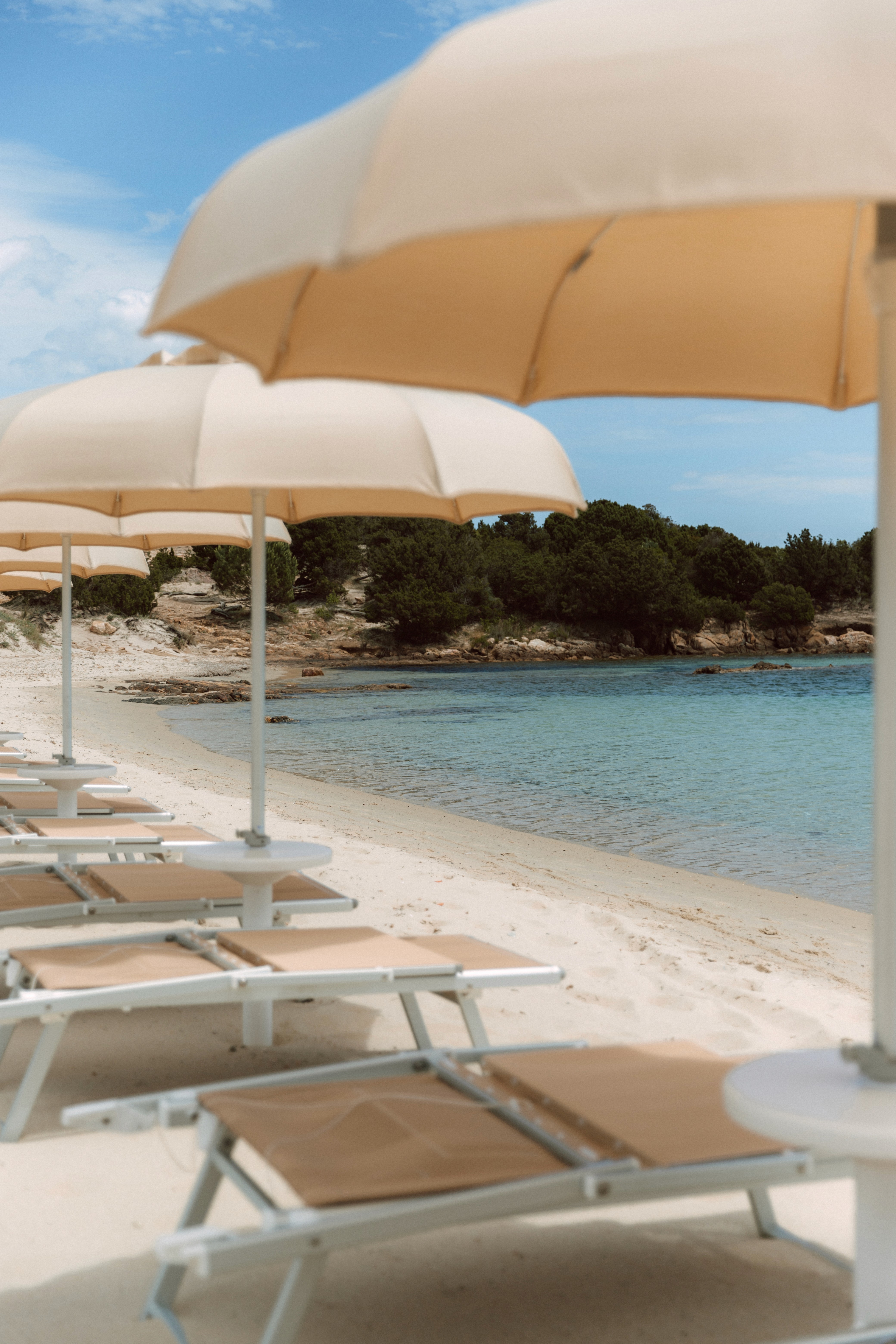 brown parasol and two beach chairs on beach sand