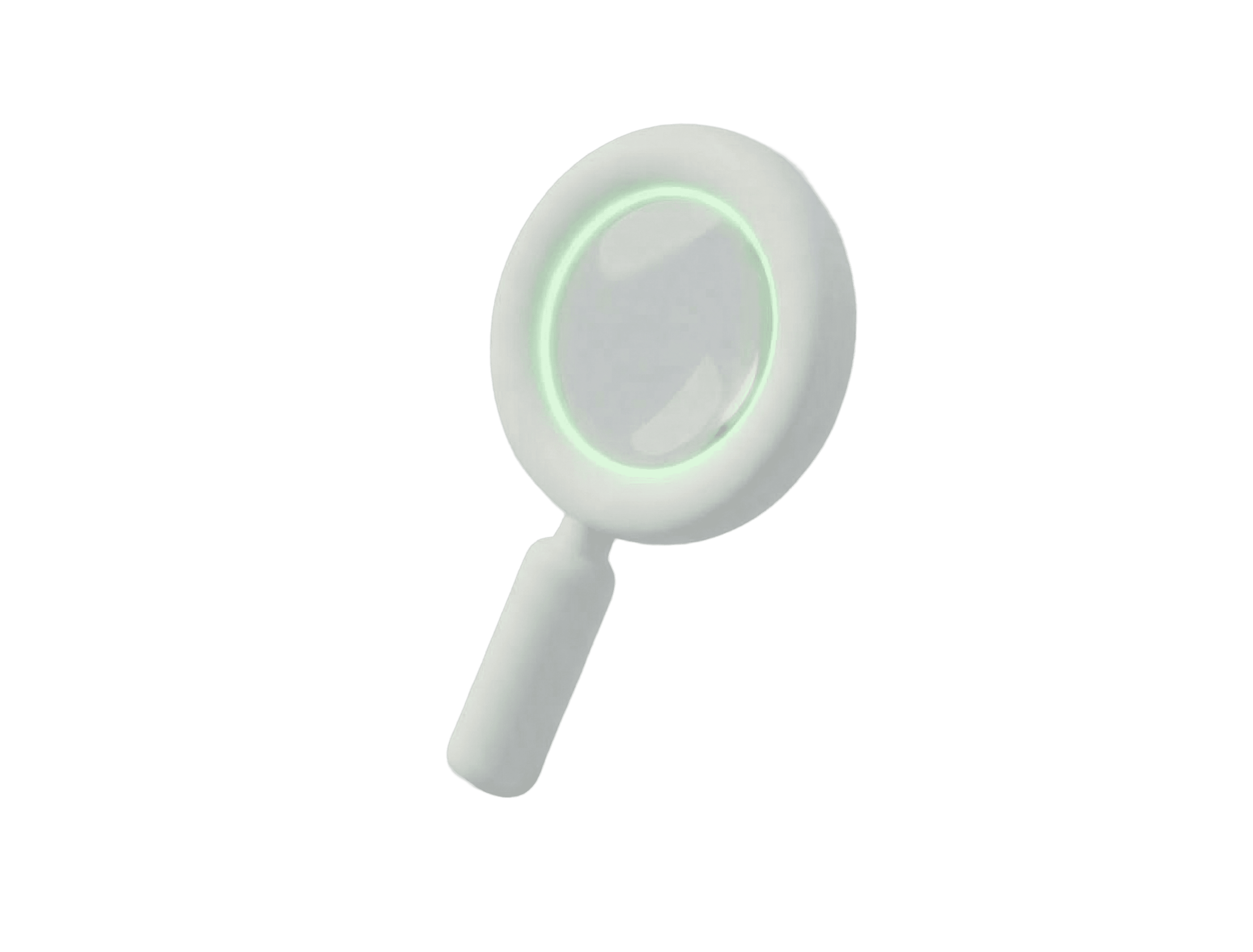 3D rendered white magnifying glass icon with a glowing green neon ring around the lens, on a black background, representing digital search and discovery.