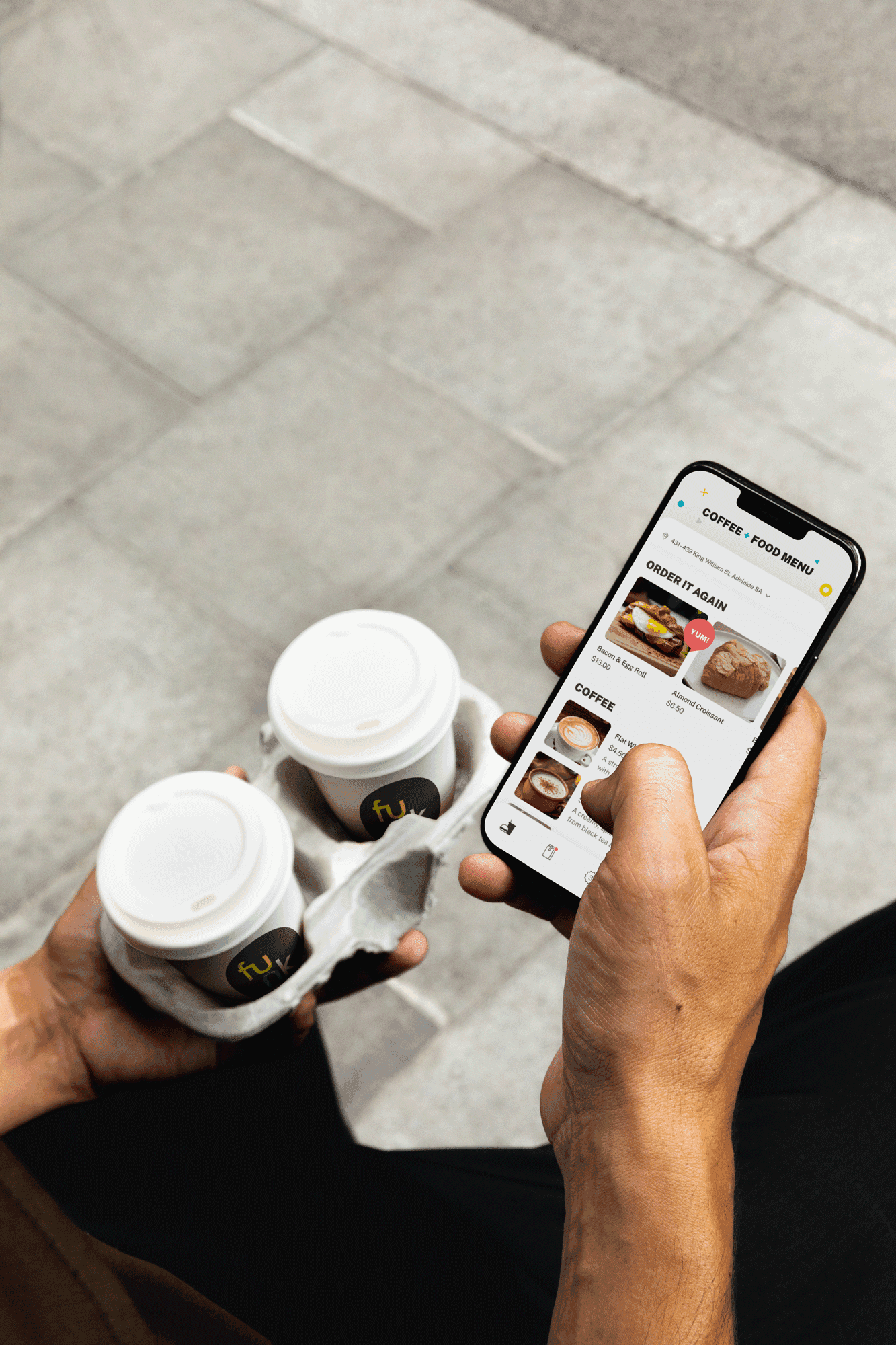 Person using the 'Funk Coffee + Food' app on their phone.