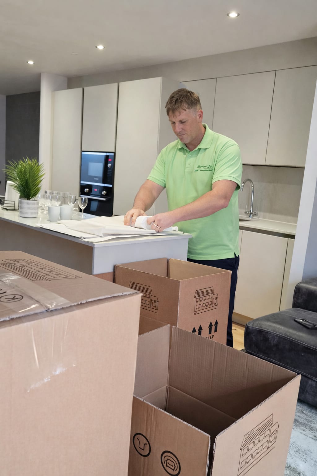 A Moving On Removals expert carefully packing glassware in a modern Plymouth kitchen, using premium white wrapping paper and heavy-duty moving boxes.