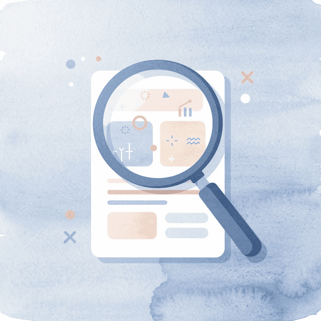 Person searching through scattered documents with a magnifying glass