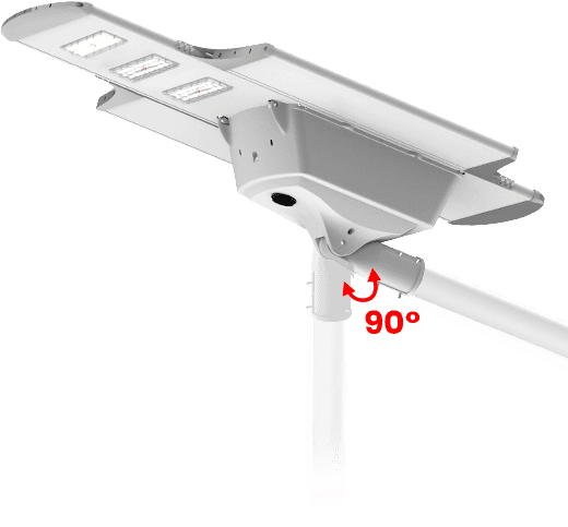 Athena III solar street light structural render, marking 90° adjustable mounting angle for optimized lighting coverage