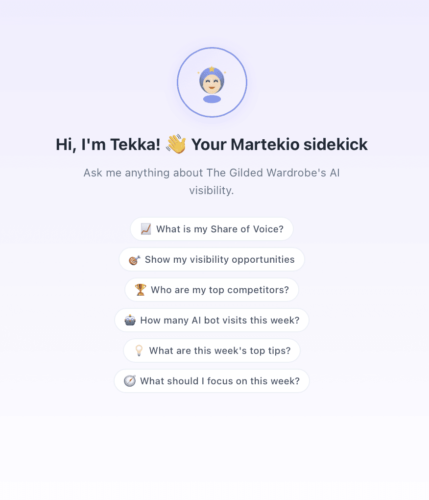 Tekka, the Martekio AI Visibility sidekick, greeting users with suggested questions about Share of Voice, visibility opportunities and top competitors