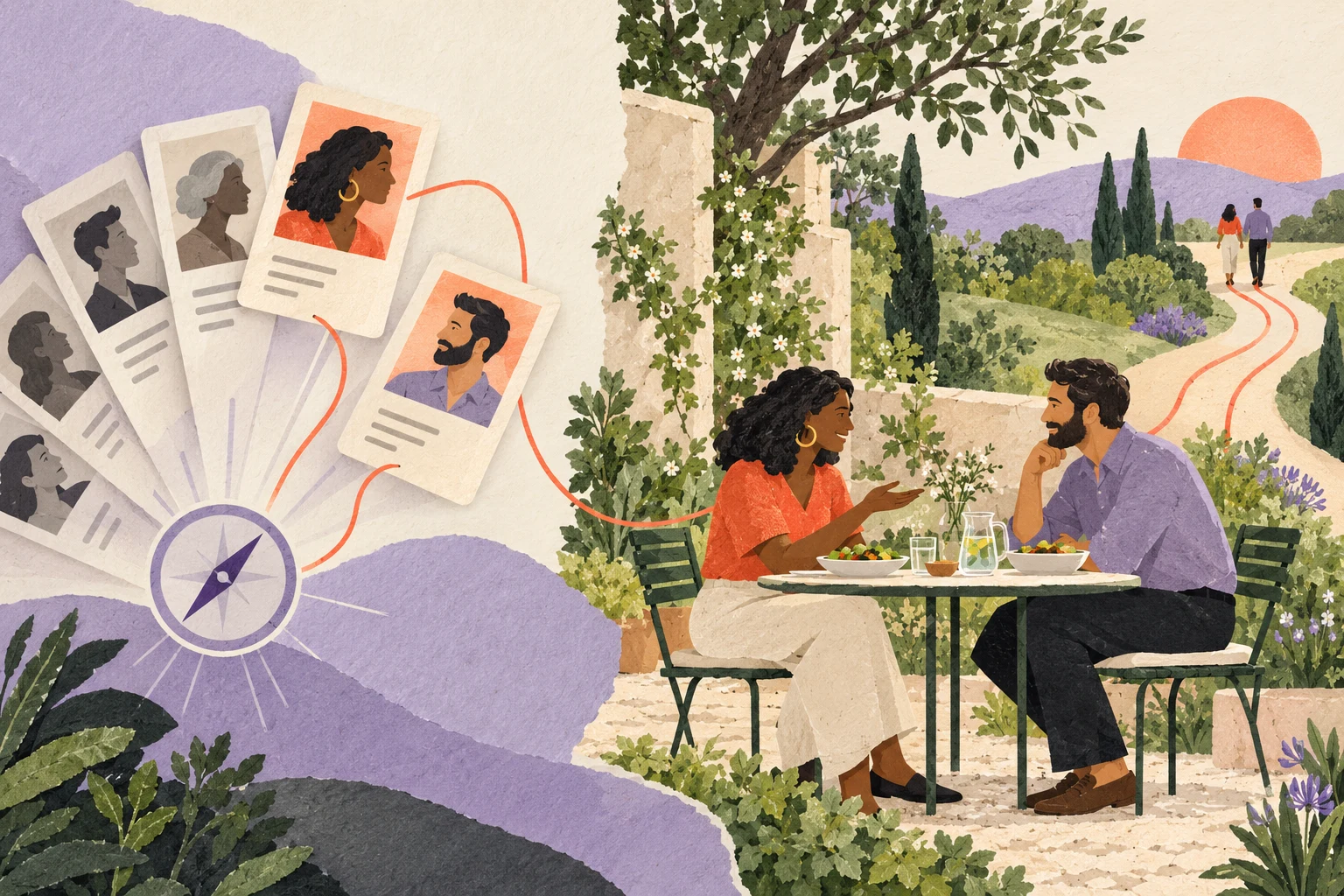 Illustration of AI-guided profile discovery leading to two professionals sharing lunch and building an ongoing connection