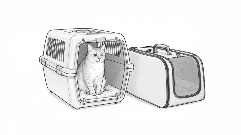 A black and white drawing of a cat sitting inside a hard-sided travel crate next to a soft pet carrier.
