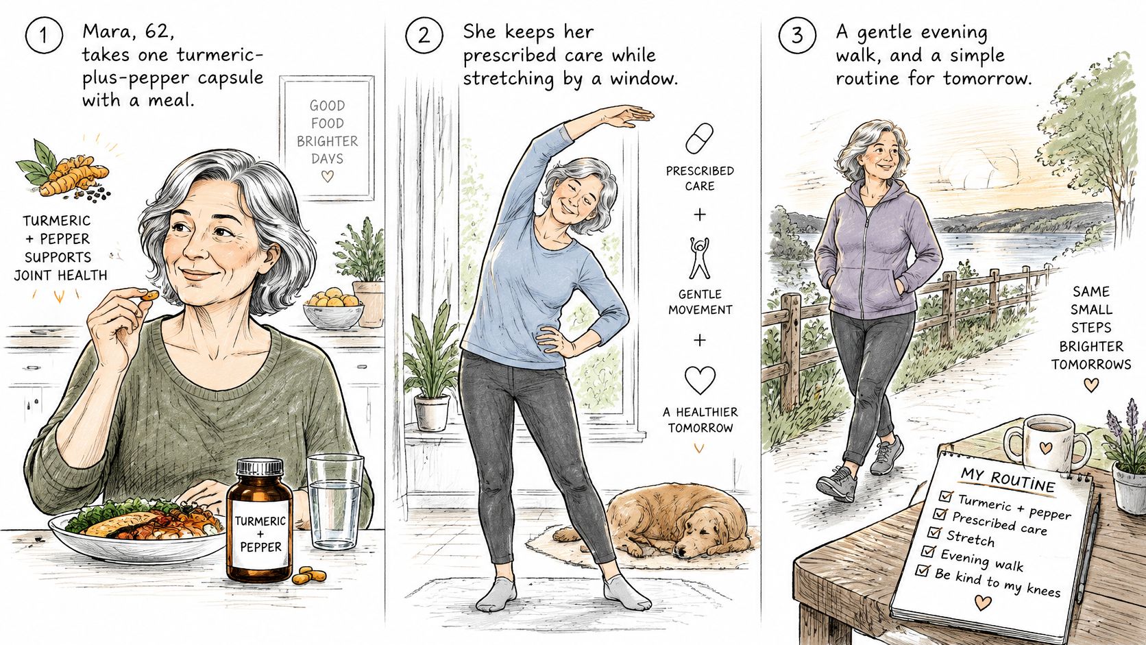 An older woman maintaining a healthy daily routine with turmeric supplements, gentle stretching, and evening walks.