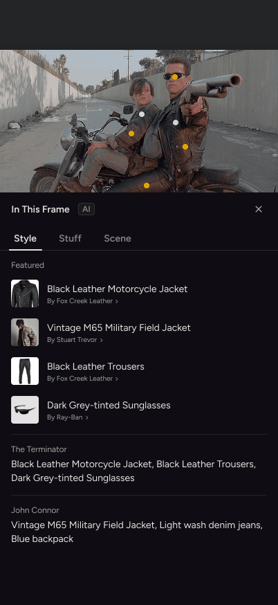 AI analysis panel identifying style descriptions for characters in a frame