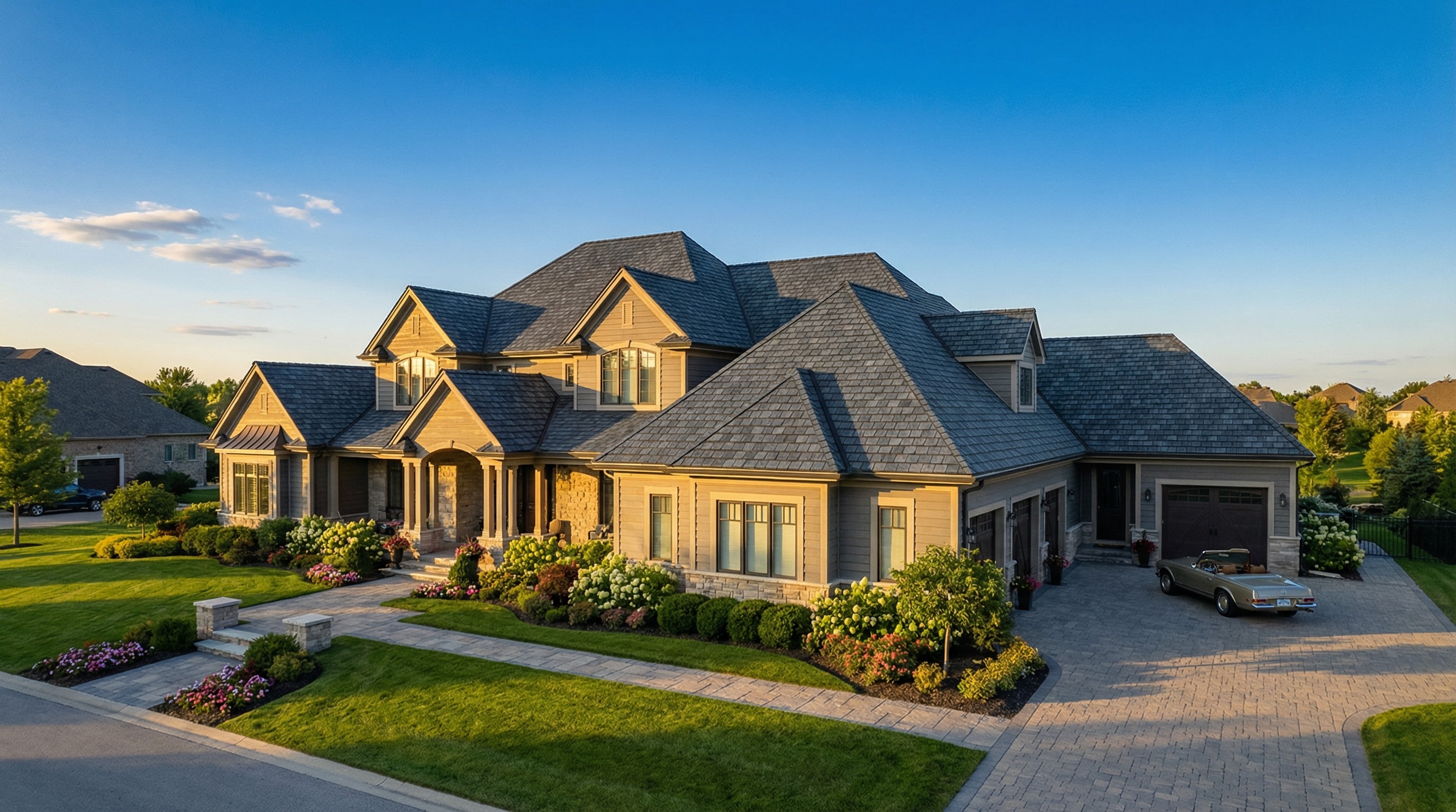 Large luxury home with a stone and shingle exterior, manicured lawn, and driveway. Trees are in the background.