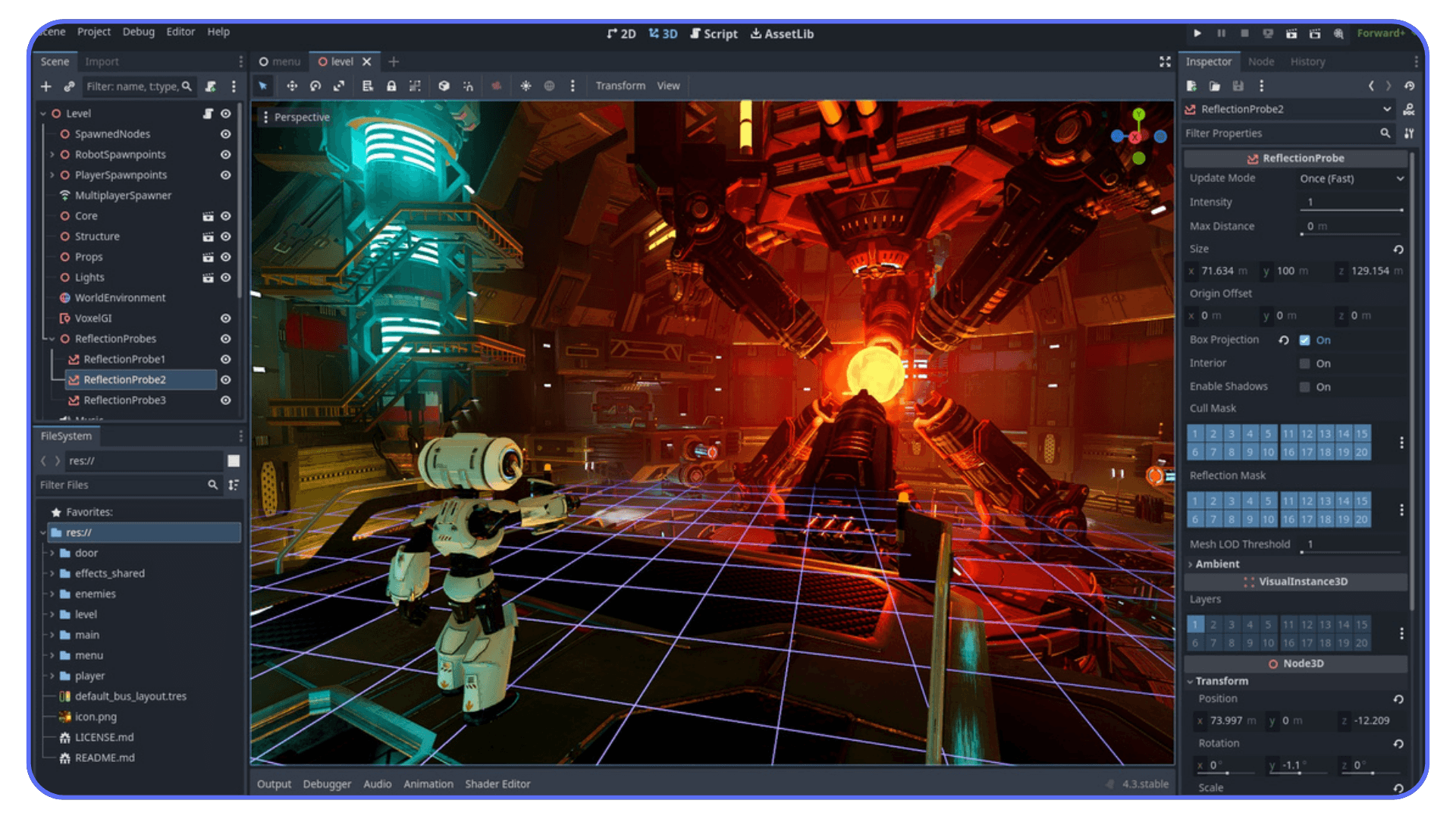 High-detail sci-fi scene inside Godot editor showcasing reflection probes, lighting, and real-time rendering features.