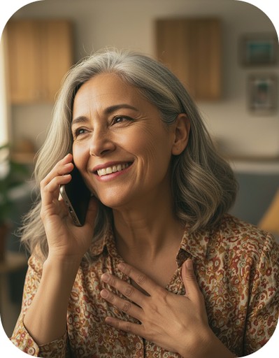A beautiful, mature woman with silver hair smiles warmly while holding a smartphone to her ear, looking up and to the left