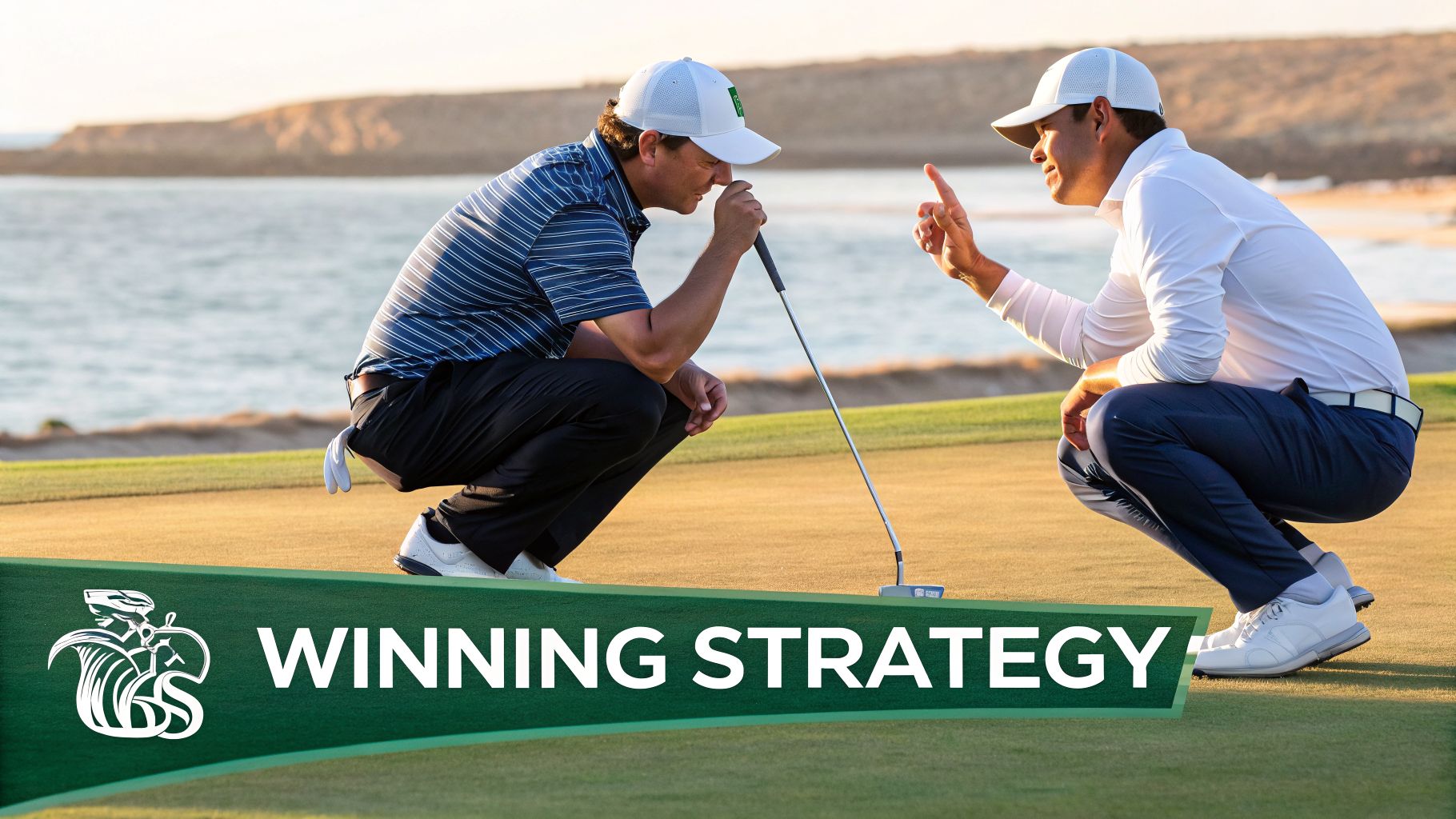 Two men in golf attire crouch on a green, discussing a winning strategy during a game.