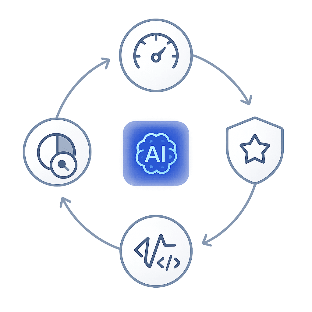 Circular flow diagram of four metric icons looping around an AI engine symbol