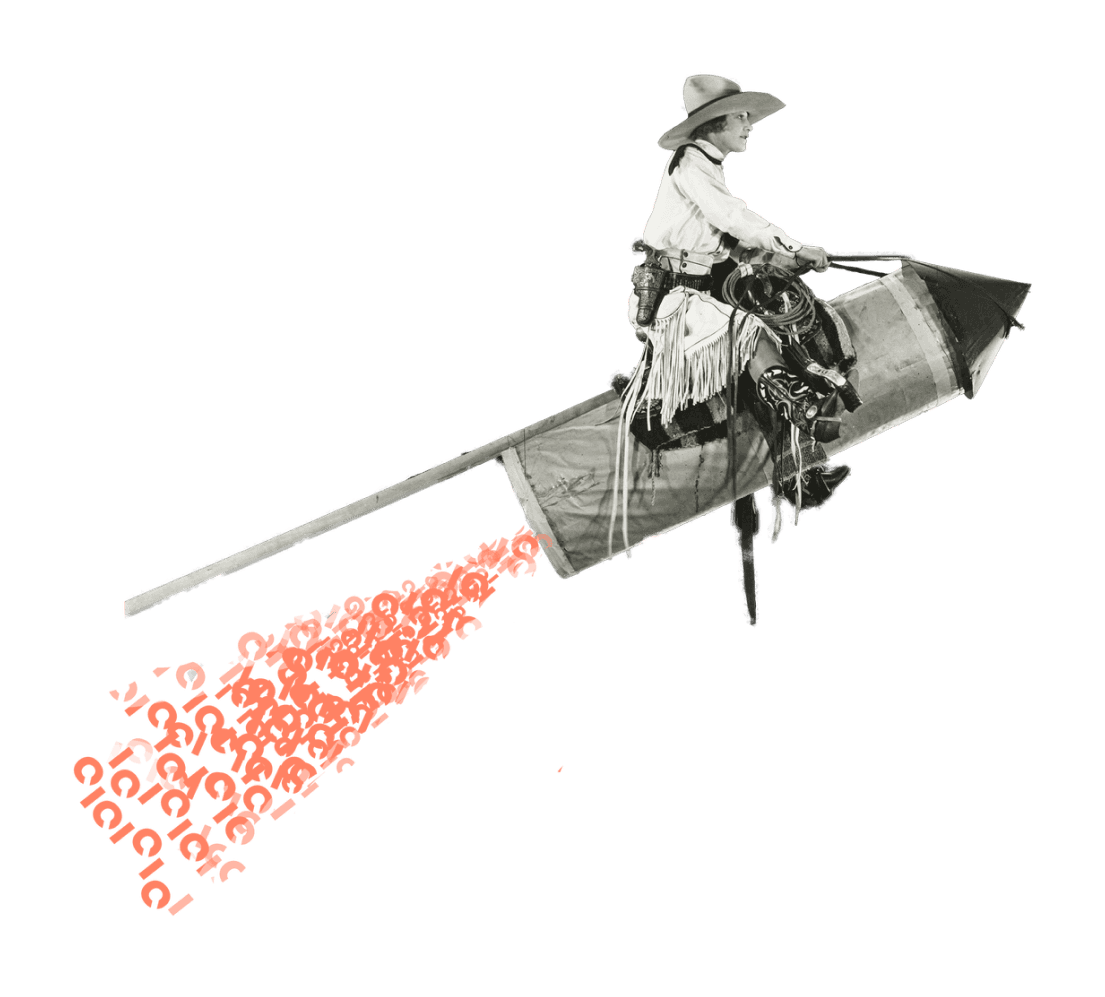 Frau fliegt auf einer Rakete davon.