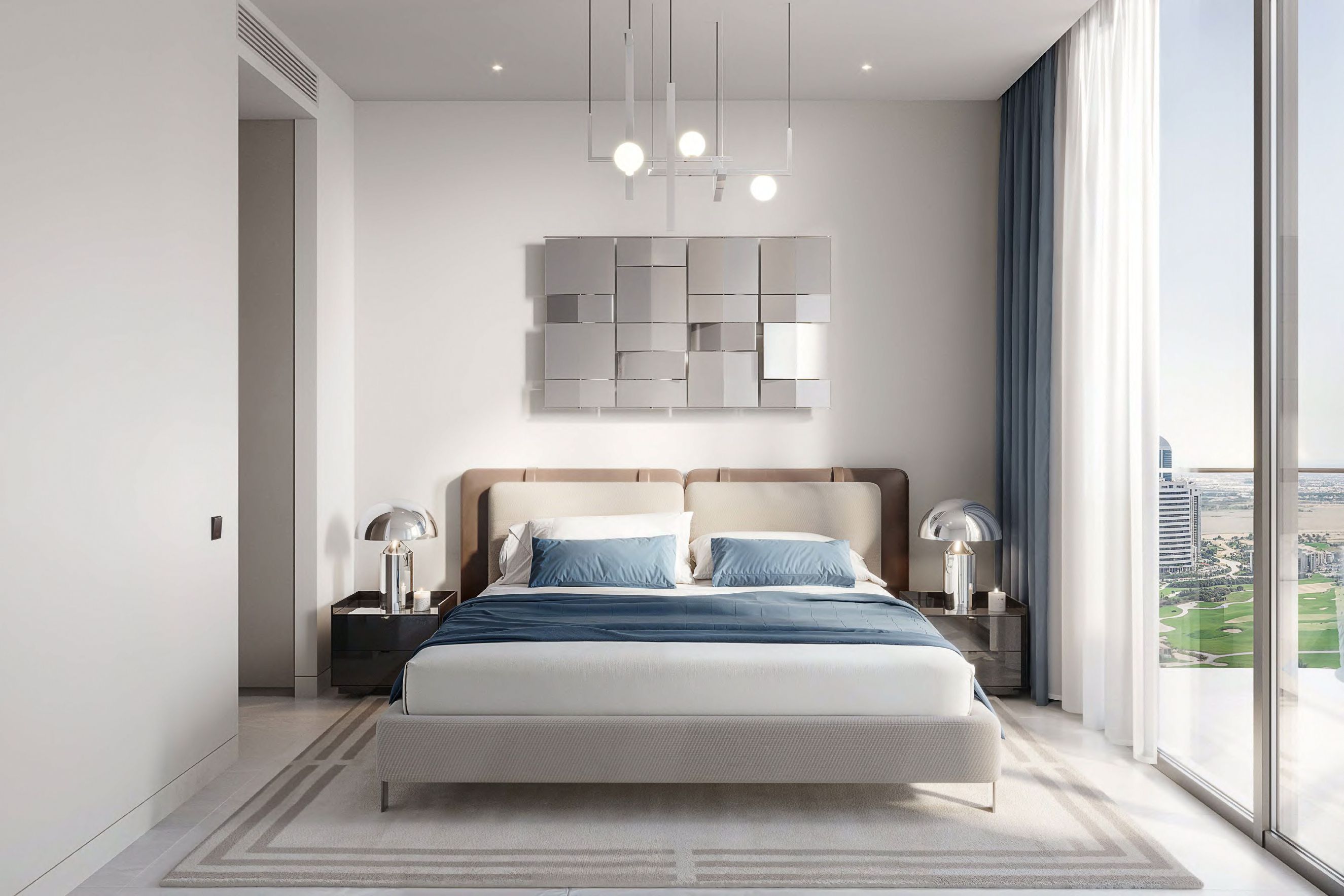 Designer bedroom interior with contemporary art and floor-to-ceiling city views.