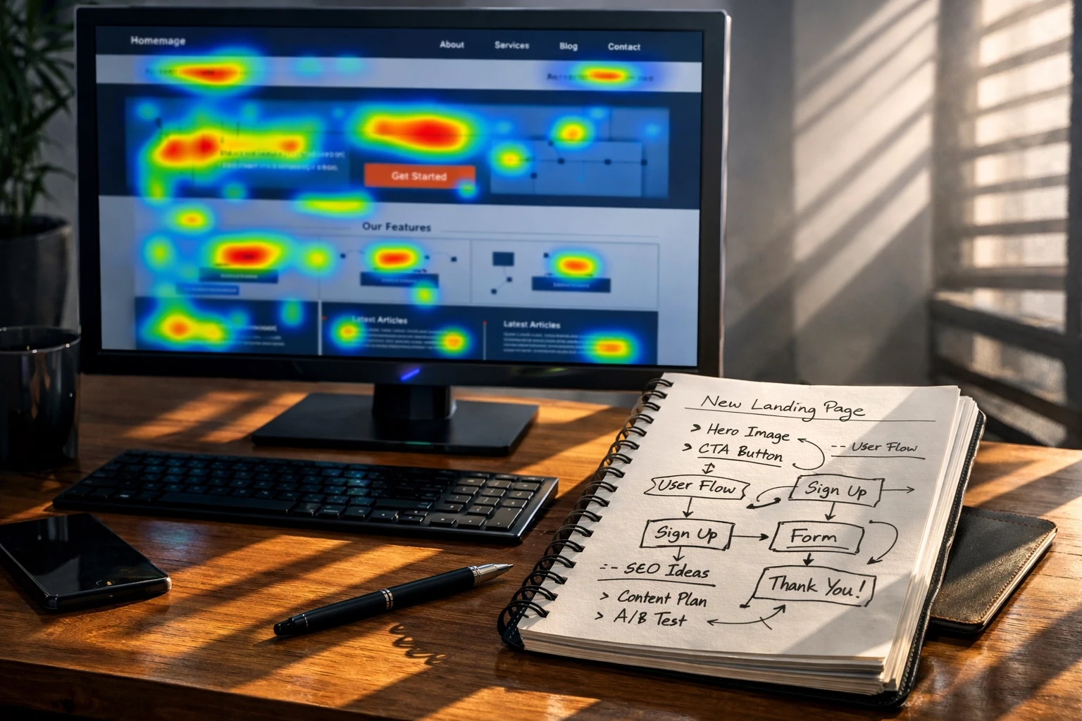 Heat map overlay showing user click patterns and navigation behavior on website