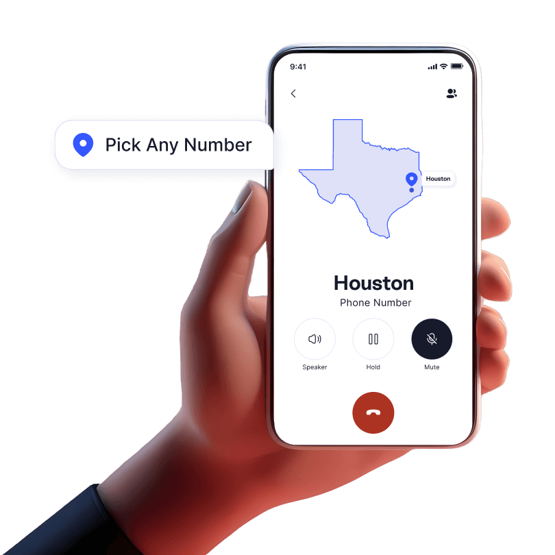 Houston shown on a map with location pin and area code displayed, indicating a local business number on LinkedPhone.