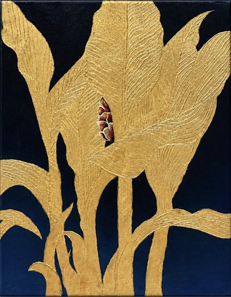 Surreal painting of a woman’s face with blue-green bird wings and a parrot in the foreground.