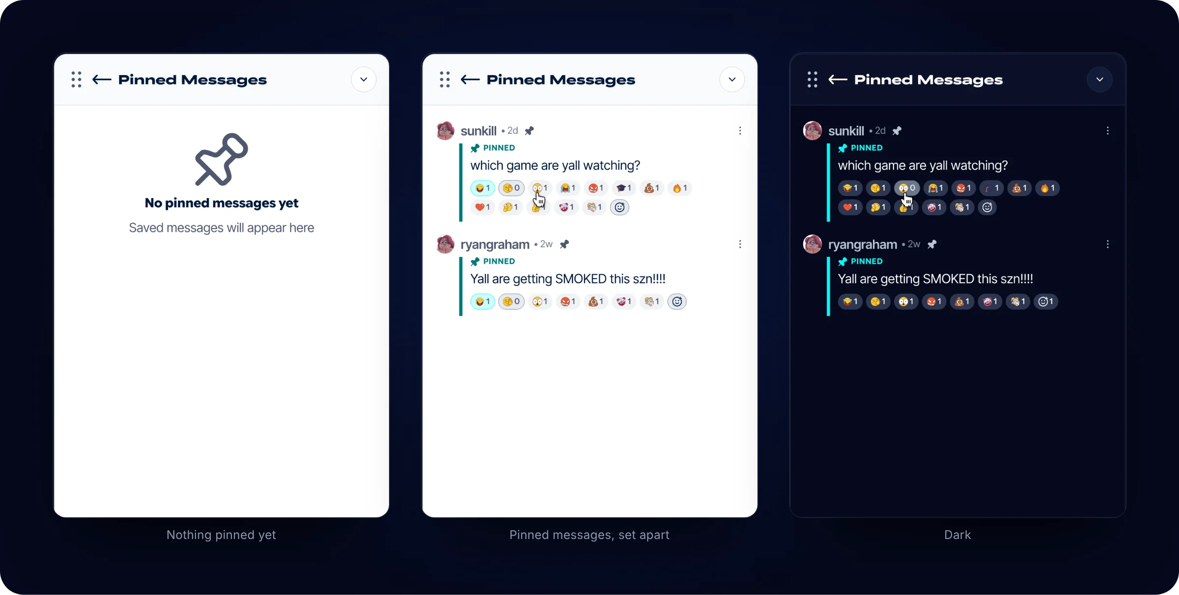 Pinned messages: the empty state and the populated view in light, and the populated view in dark
