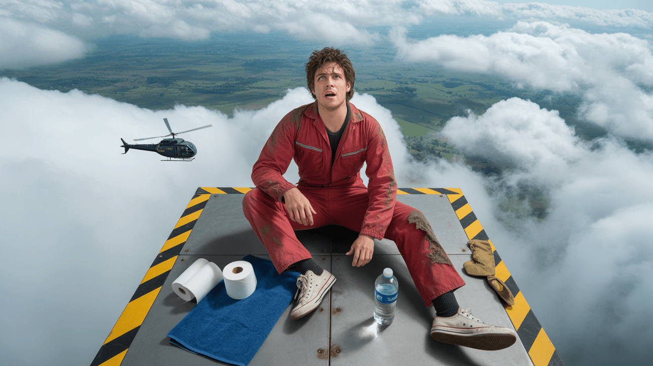 MrBeast-style extreme stunt thumbnail with exhausted contestant stranded on a tiny sky platform
