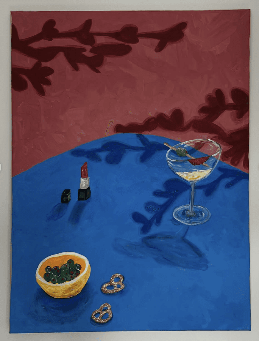 Painting of a drink, lipstick and snacks on a blue table