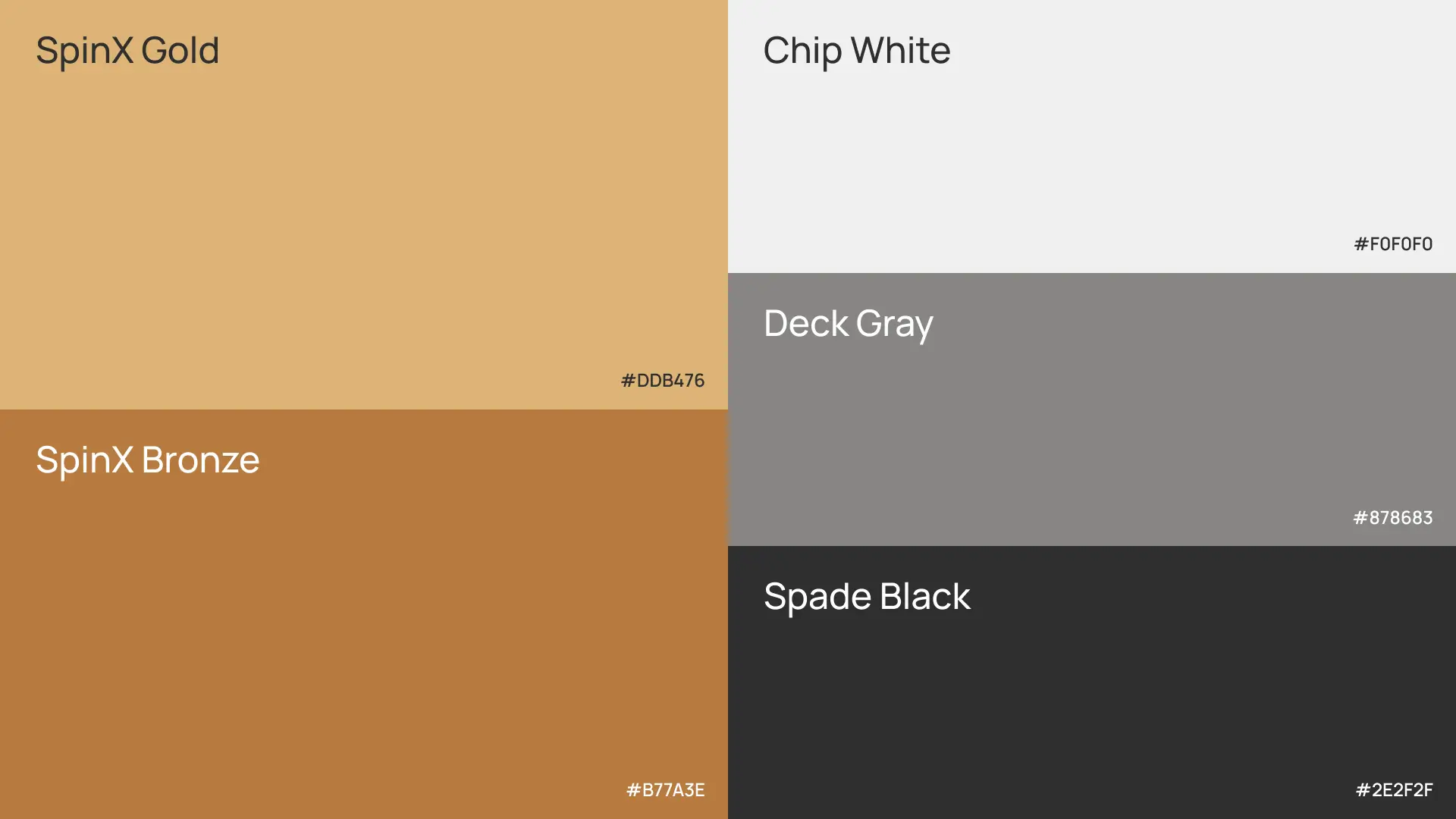 A color palette featuring five squares: gold, bronze, white, gray, and black, each labeled with their color names.