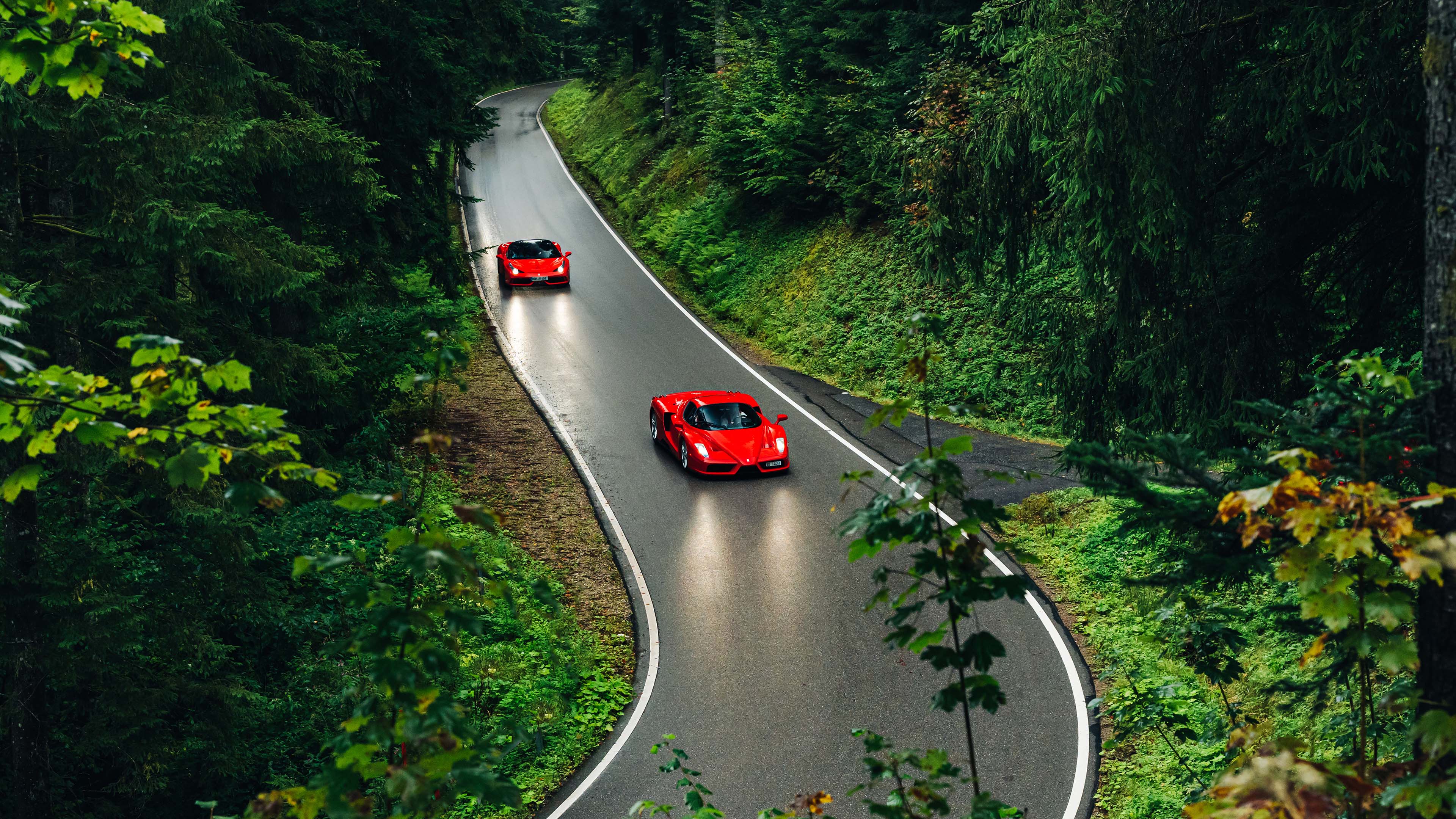 Foto di due ferrari rosse su strada bagnata nel bosco