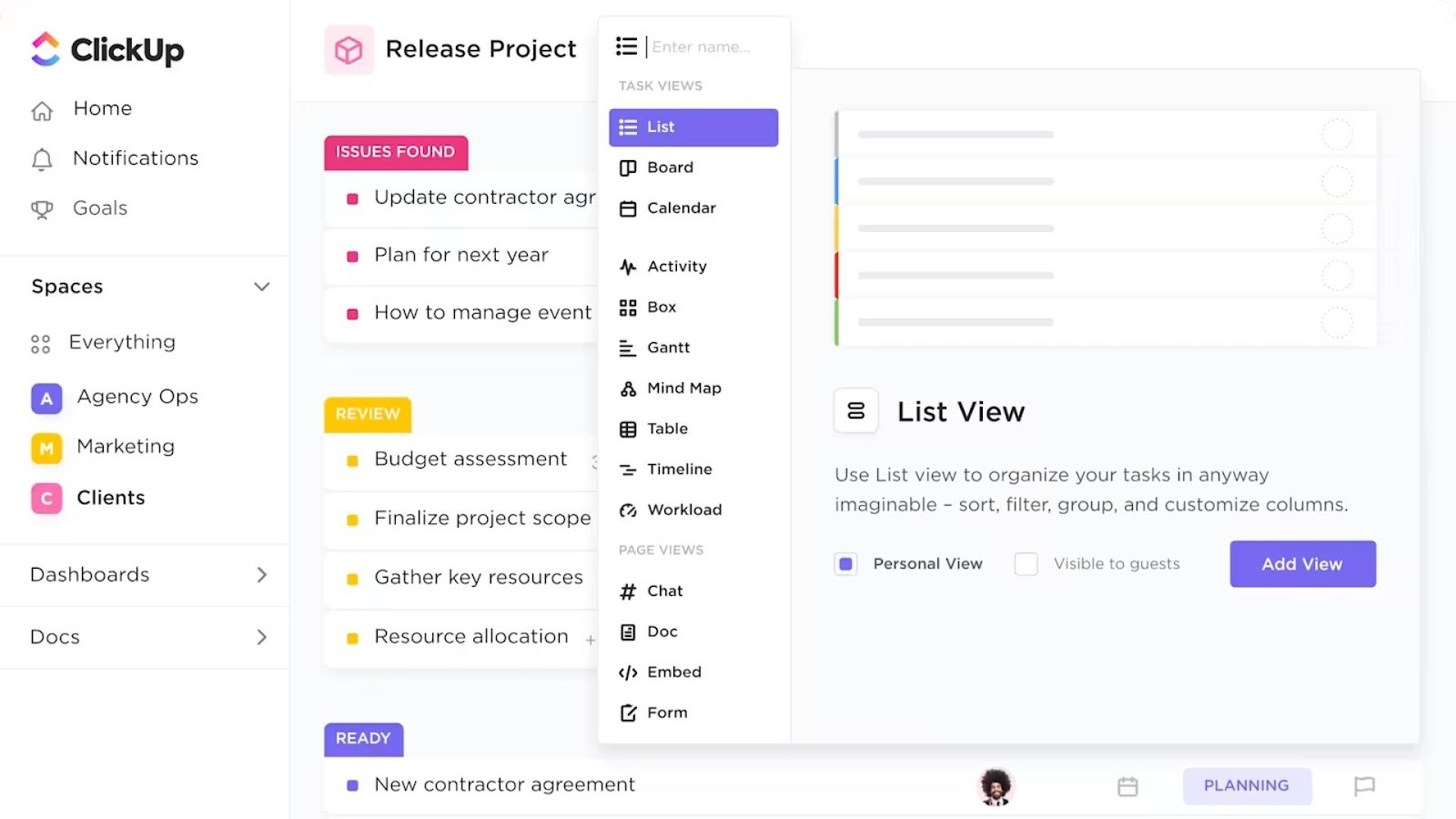 ClickUp's customizable workspace for agencies