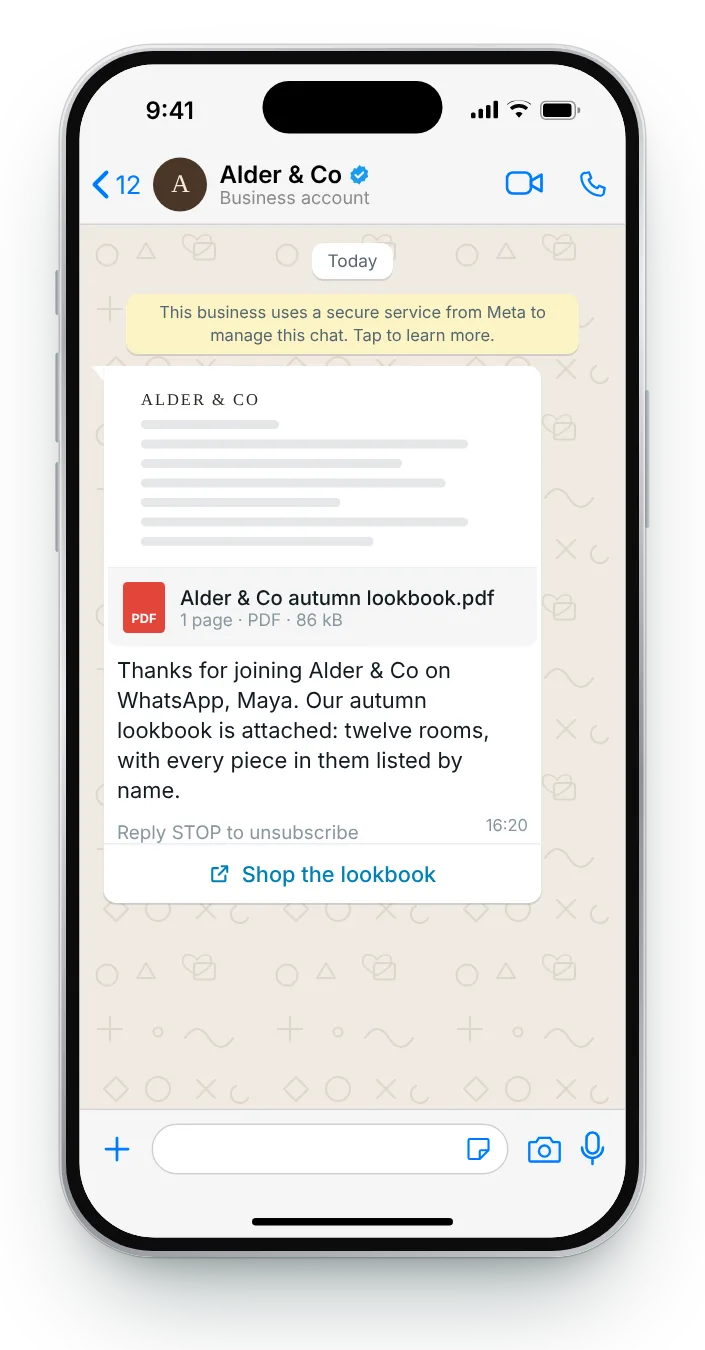A lookbook sent as a document: WhatsApp greeting message on an iPhone
