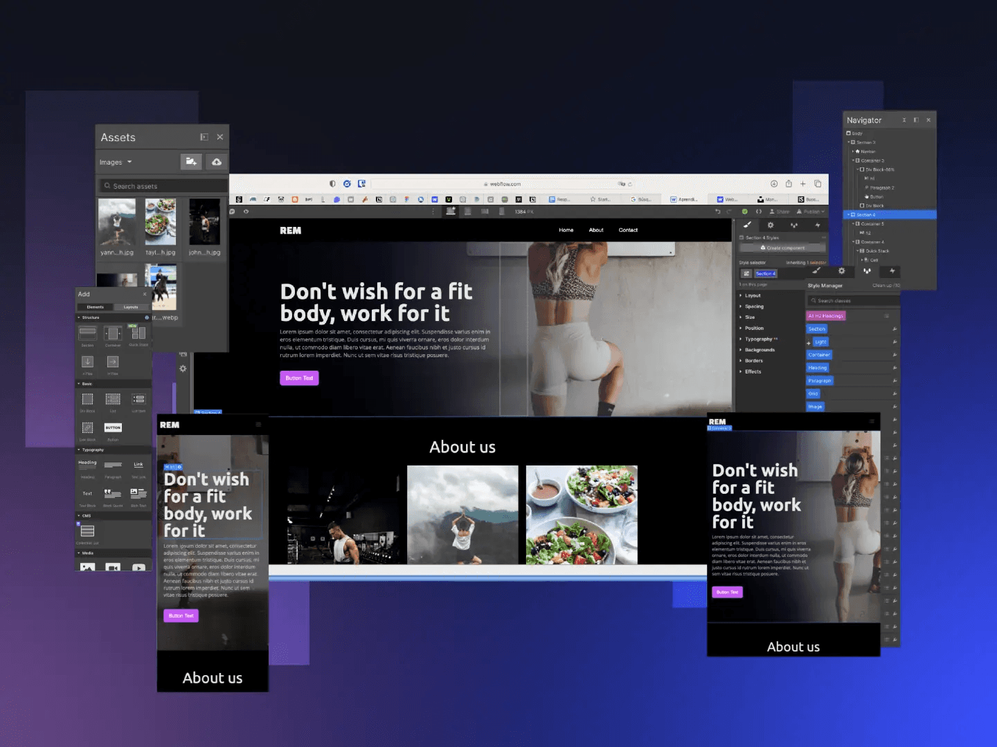 Interface de création de site web dans Webflow montrant un design responsive sur ordinateur, tablette et mobile