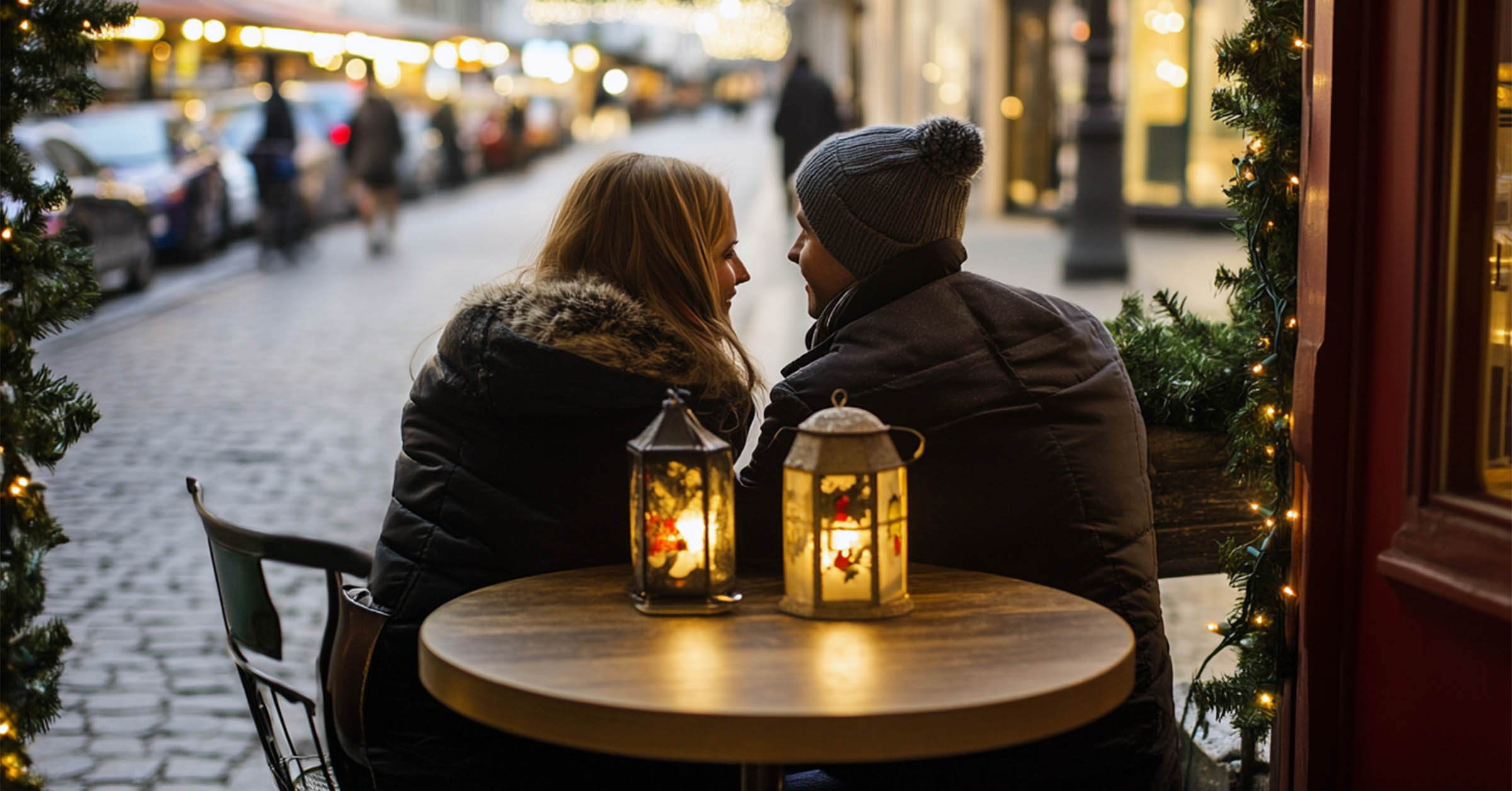 Svenskt par sitter på ett utomhuscafé under juletiden och njuter av varandras sällskap.