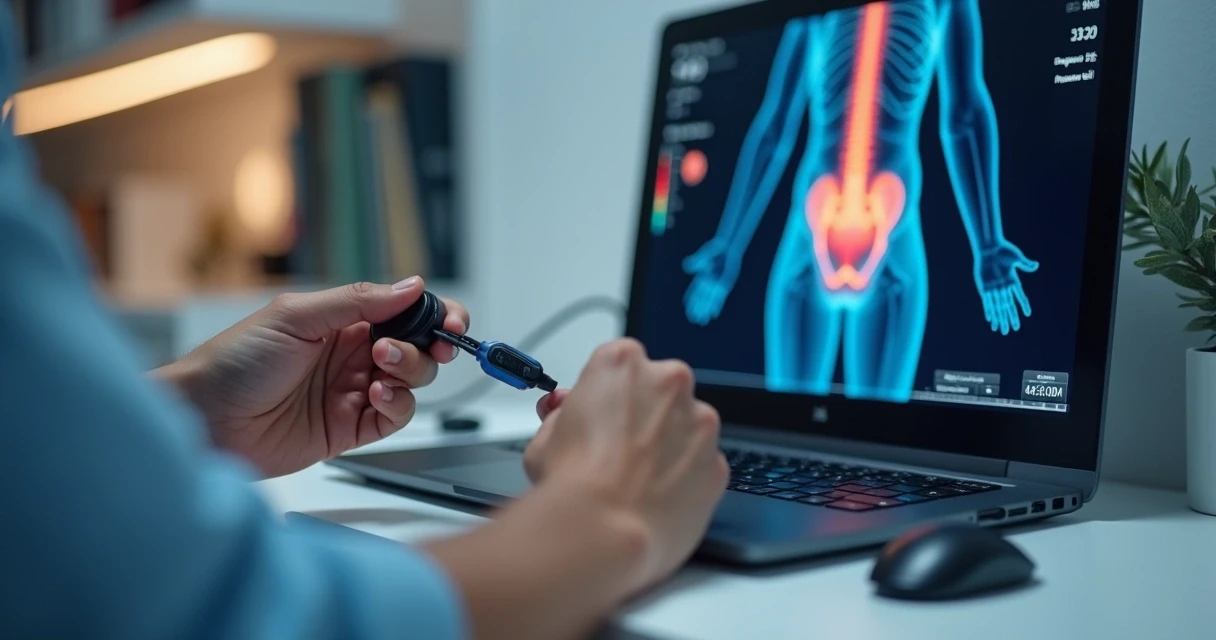 Sensor de biofeedback conectado a computador mostrando dados de tônus muscular pélvico 