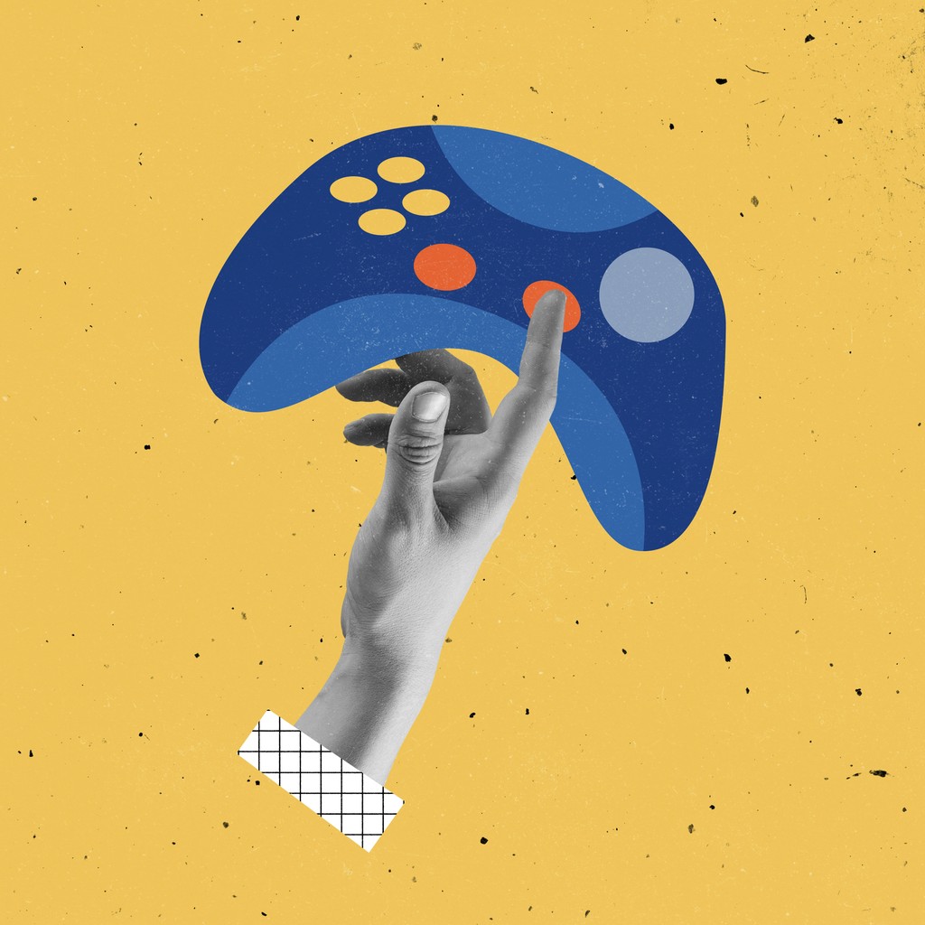 A stylized illustration of a hand holding a blue game controller against a yellow background. The image, with its modern and artistic design, emphasizes the concept of gaming and interactive entertainment, highlighting the engaging and playful nature of video games.