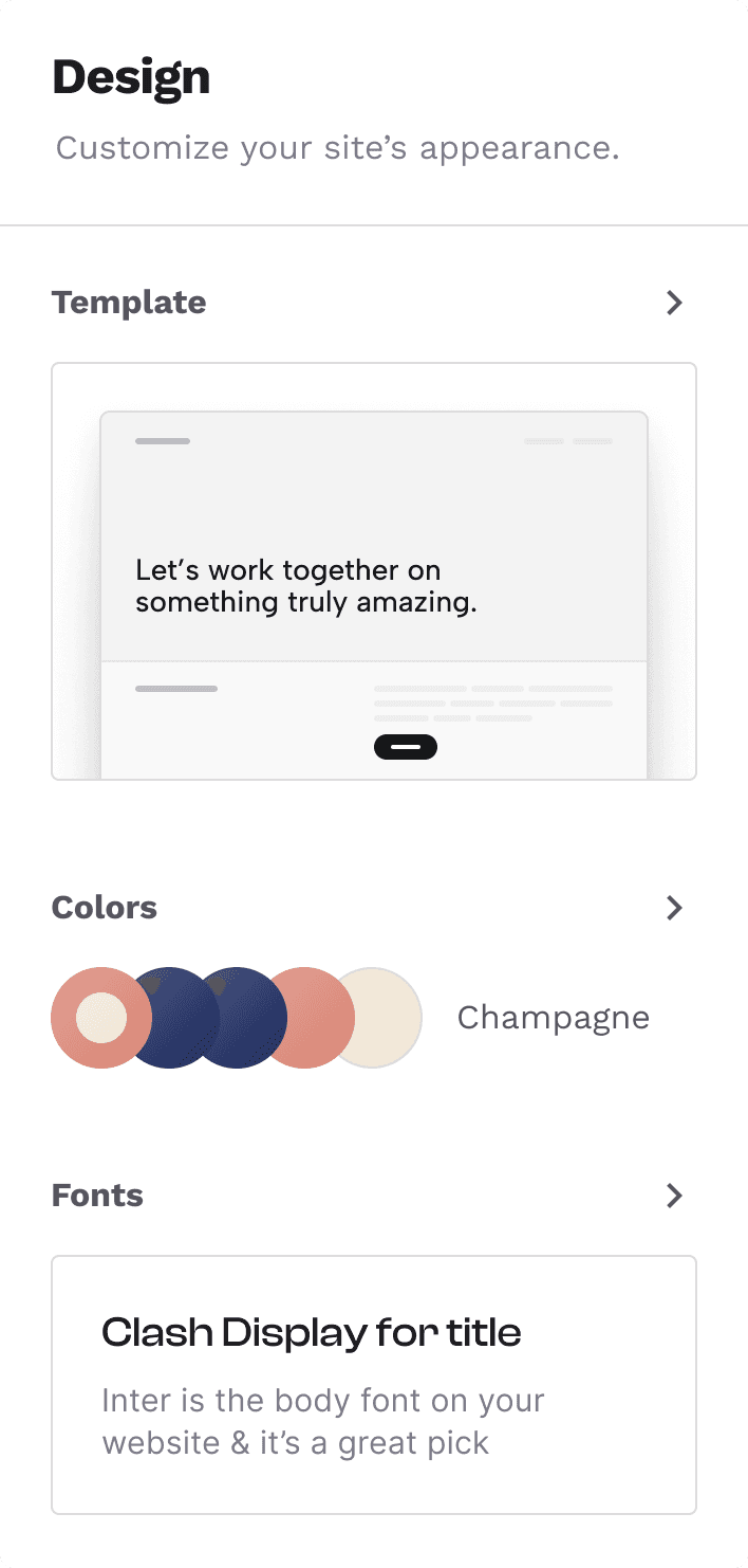 The design panel of Copyfolio, a website builder for marketers. It shows some options for customizing the design of your website, like changing the website template, choosing another color palette, or setting different fonts.