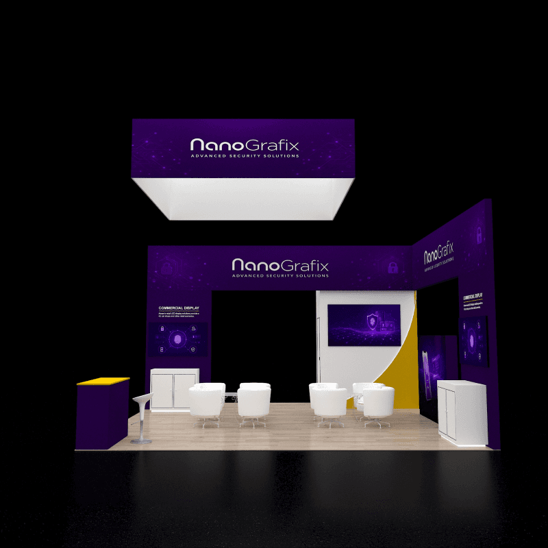 20x20 security demo booth rental with overhead branding and multiple screens