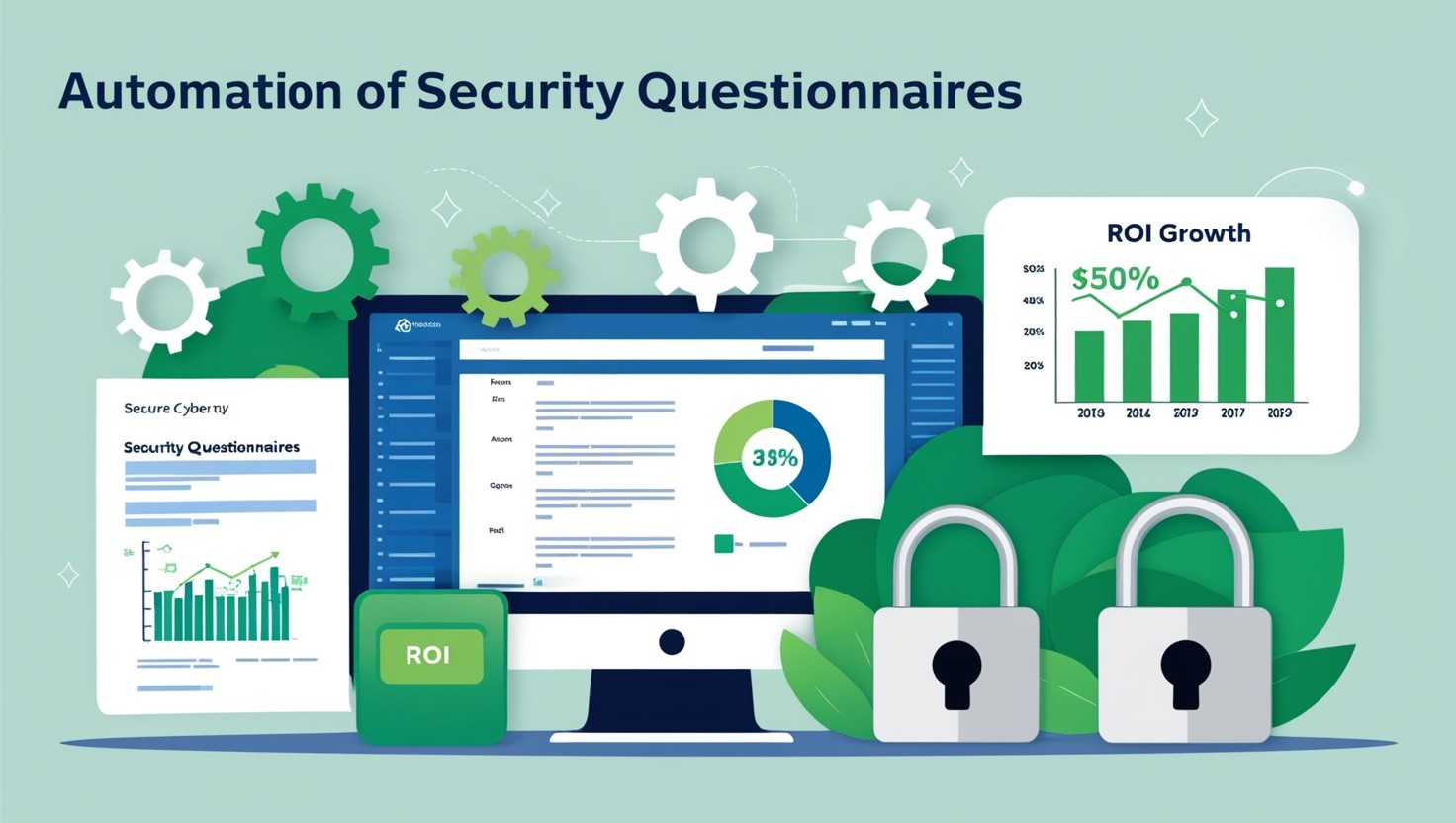 Illustration of automated security questionnaires showing digital forms, gears, ROI charts, and secure locks representing cybersecurity automation and efficiency.