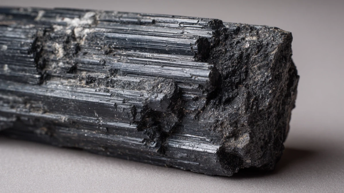 Close-up of black tourmaline surface showing parallel grooves