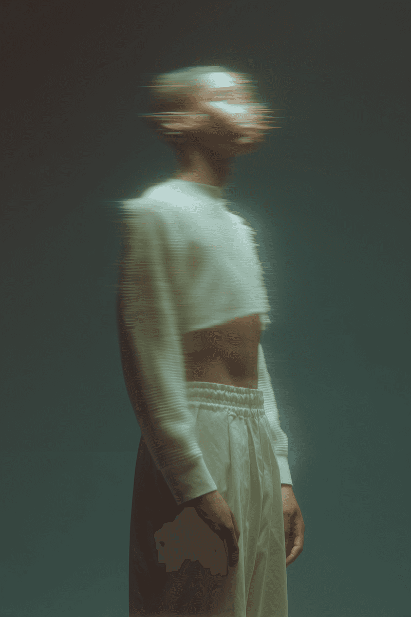 Blurred side view of a person standing in soft lighting against a dark background
