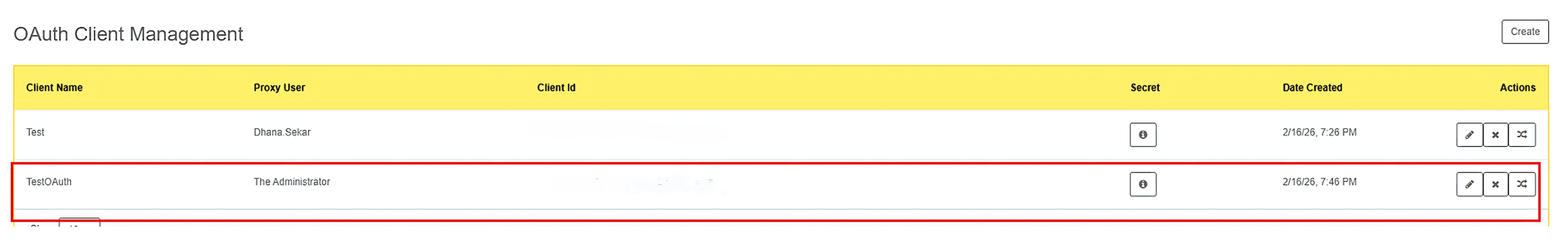 OAuth Client Management dashboard showing a list of configured clients with a red box highlighting the TestOAuth entry.