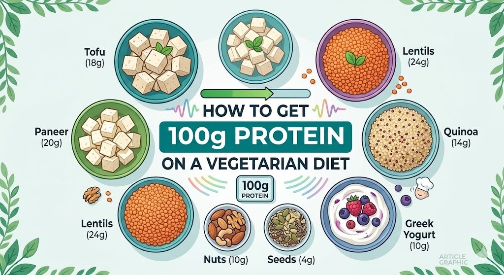 An infographic titled "How to Get 100g Protein on a Vegetarian Diet" surrounded by illustrated bowls of high-protein foods like tofu, paneer, lentils, quinoa, nuts, seeds, and Greek yogurt, each with their protein content labeled.