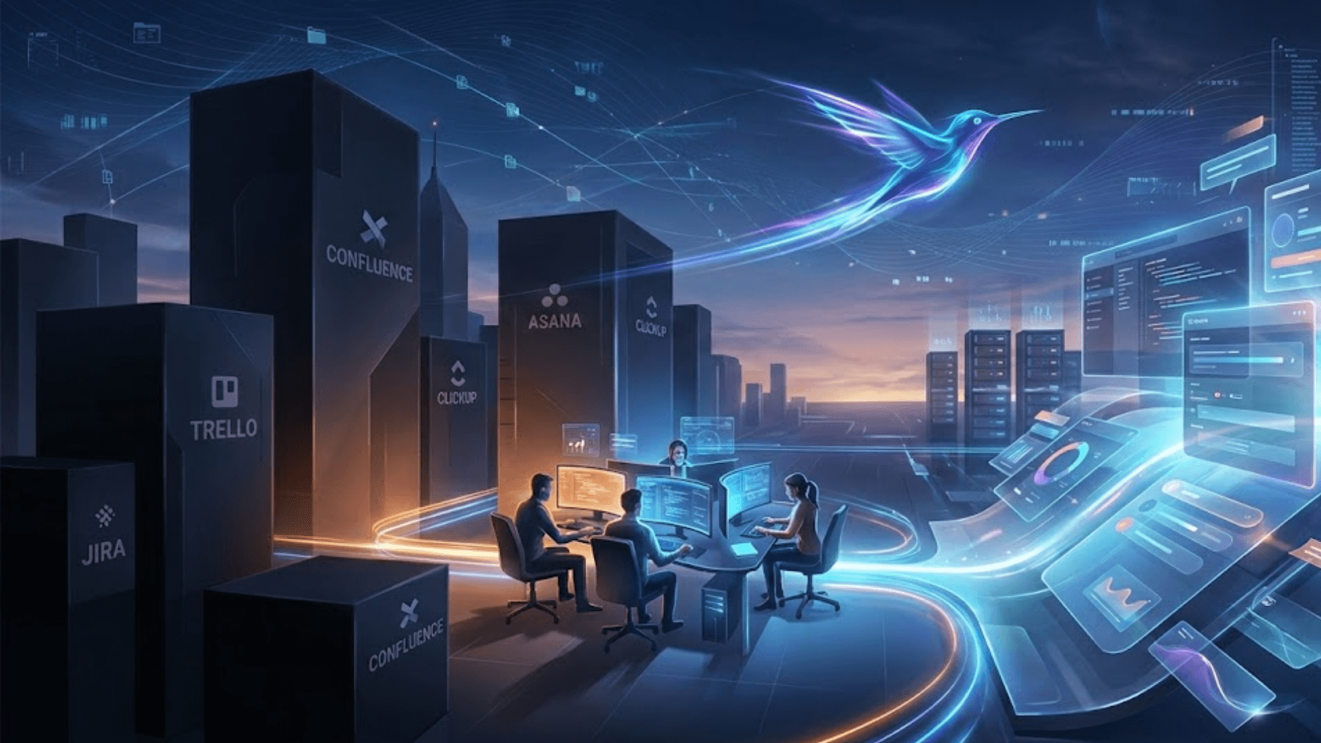 A cinematic tech illustration in a 1920x1080 landscape format depicting a startup challenging industry giants. On the left, massive monolithic skyscrapers labeled Jira, Confluence, Trello, and ClickUp represent established corporate incumbents. In the foreground, a small, focused team of developers works at glowing monitors with "50ms" speed benchmarks. A vibrant, iridescent hummingbird with neon light trails soars toward a sleek, modern "Superthread" interface on the right, symbolizing speed, innovation, and a breakthrough in collaborative software.