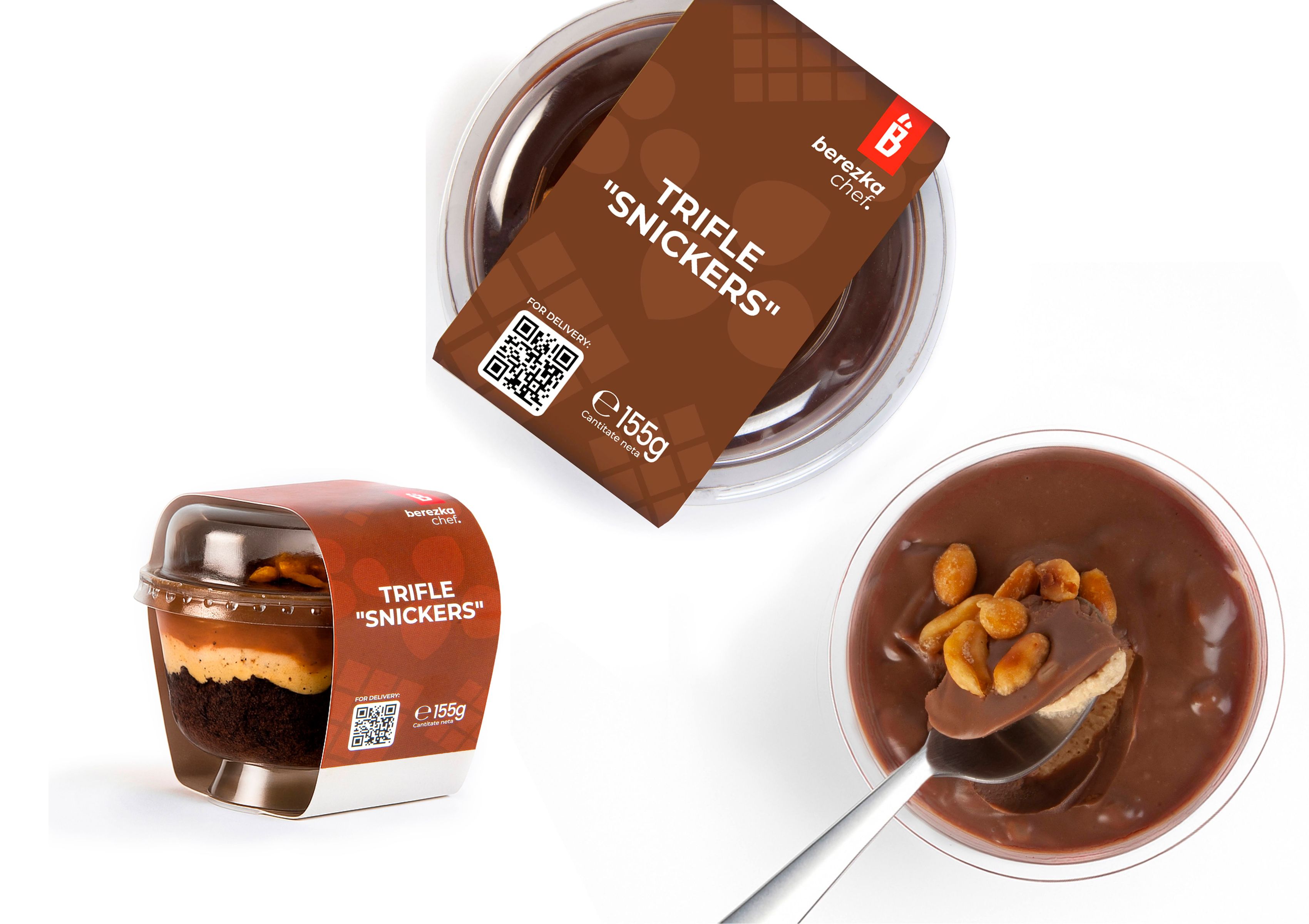 Berezka Chef dessert packaging — Snickers-style trifle. Dessert cup and top view of layered chocolate trifle.