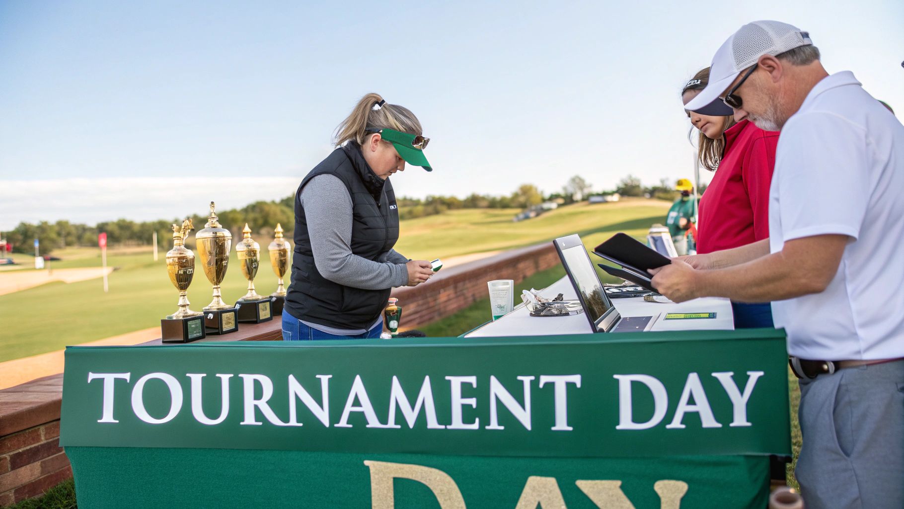 People at a registration table for a golf tournament, with golden trophies and a 