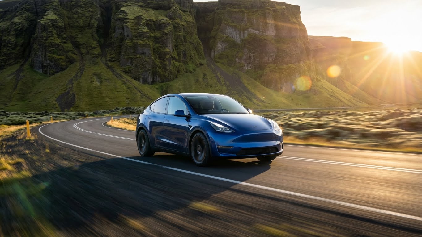 A blue Tesla Model Y driving on a paved road next to green cliffs with a bright sun flare.