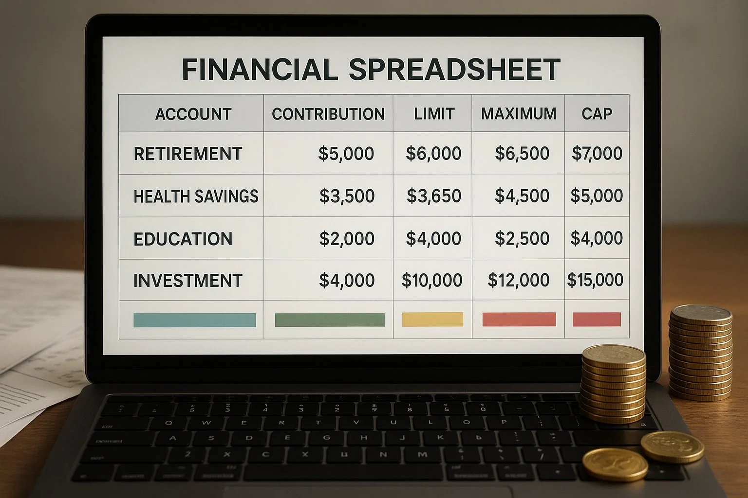Computer screen displaying a financial spreadsheet with markers for contribution limits, maximums, and caps, surrounded by coins and documents.