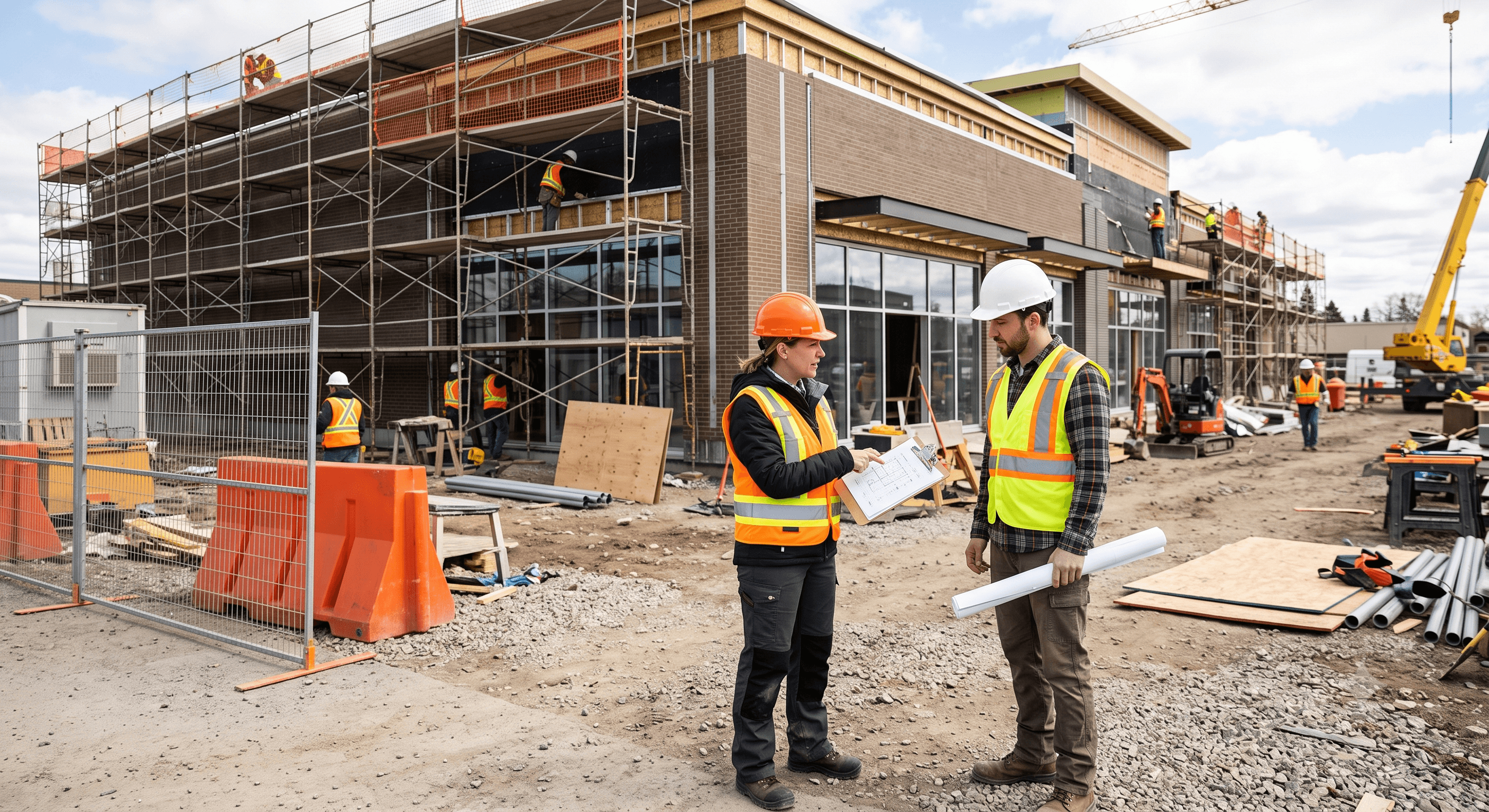 Municipal inspector and project manager reviewing permit requirements at a commercial construction site in Ontario.