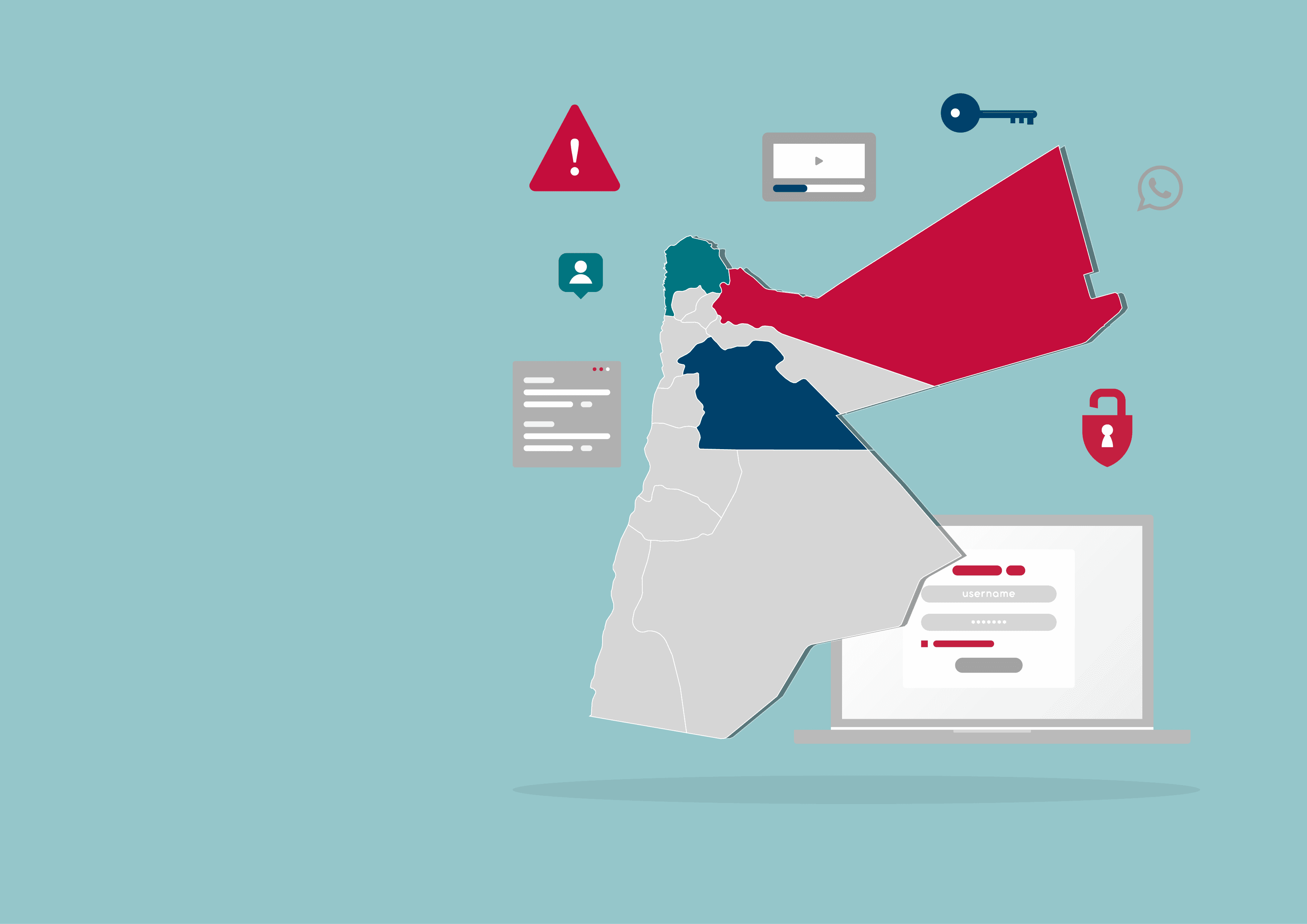 An illustration showing the map of jordan with motifs related to online harassment and cybercrime