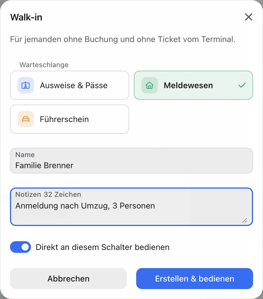 Walk-in without an appointment: creating a ticket for the registration queue